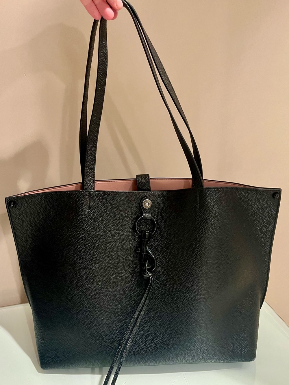 Rebecca Minkoff- Pebbled leather Classic Black Tote Bag with Pink/ tan Interior